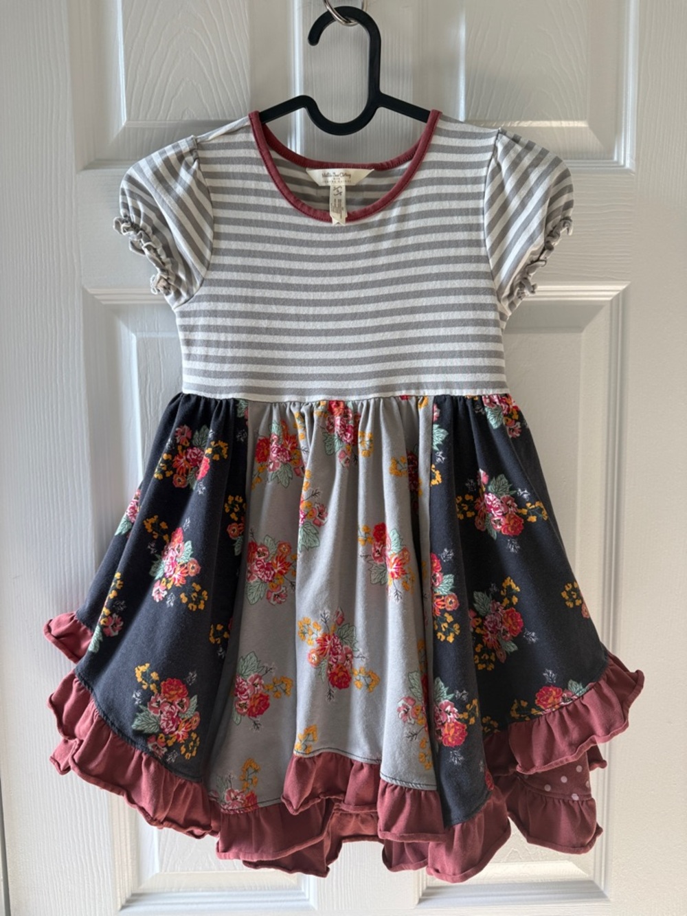 Matilda Jane Gray Striped Top Floral Panel Dress with Dusty Rose Trim